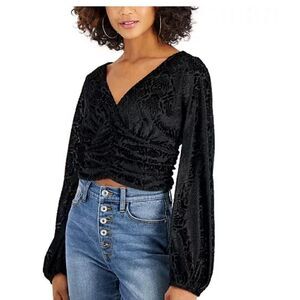 New SELF ESTEEM Juniors Cropped Top Velvet Ruched Top, long sleeve shirt L